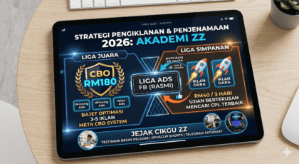 Kopi pagi dengan laptop menampilkan strategi pengiklanan dan penjenamaan Akademi ZZ 2026.