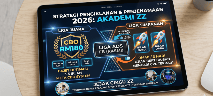 Kopi pagi dengan laptop menampilkan strategi pengiklanan dan penjenamaan Akademi ZZ 2026.